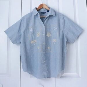 Karen Scott Blue Striped Buttoned Floral Embroider Short Sleeve Shirt Plus Size